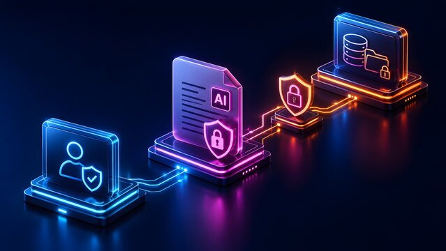 Digital security concept with user authentication, AI document, and protected data icons connected in a glowing network