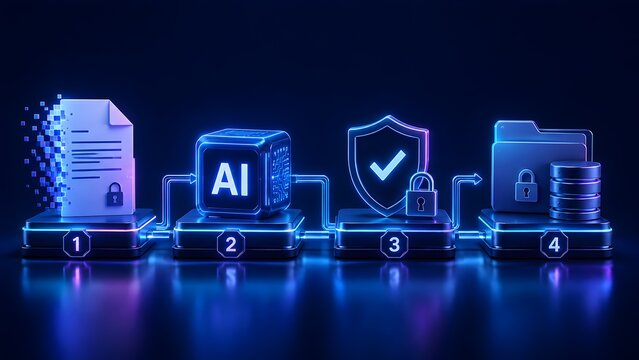 AI data processing and cybersecurity workflow with secure document, artificial intelligence, protection shield, and data storage icons