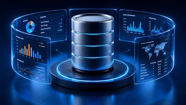 Futuristic data server on a glowing platform surrounded by holographic screens displaying real-time analytics and global network performance