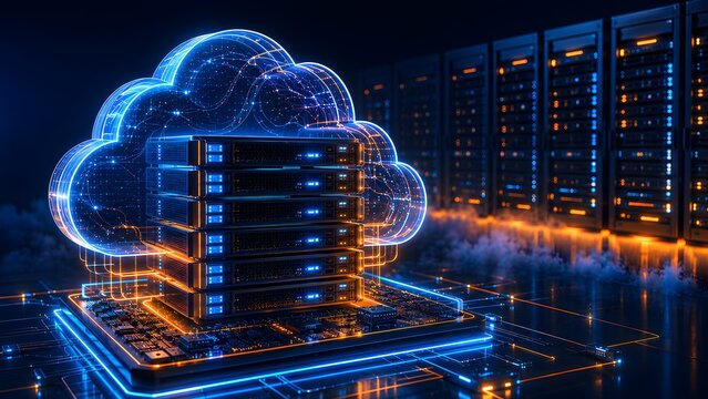 Digital cloud computing concept with server racks, abstract glowing network connections, and modern data center infrastructure