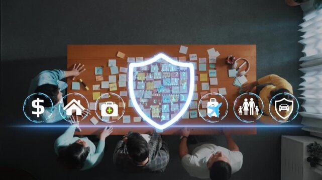 Group of Diverse People Collaborating Over Table with Sticky Notes and Digital Shield Icon Representing Security and Assurance. Entropy.