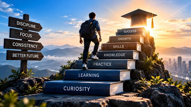 Student climbing steps of knowledge books towards a graduation cap, guided by a signpost with words like 'Discipline' and 'Better Future', symbolizing personal growth and educational success.