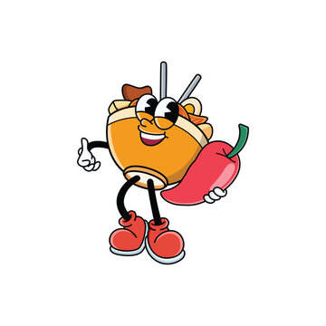 Cute Korean Food Kimchi Bowl Mascot Holding Red Chili Pepper Cartoon Character Illustration