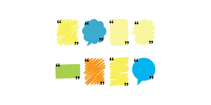 Text boxes and speech bubbles with quote marks in bright colors for editorial social media posts and web content layout.