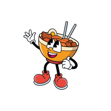 Happy Korean Food Kimchi Bowl Mascot Waving Hand Cartoon Character Illustration
