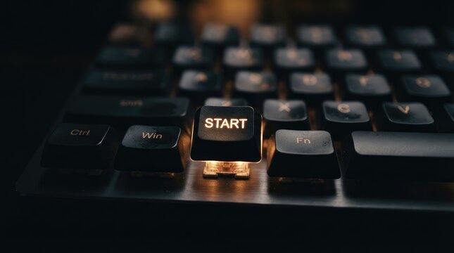 Close up of illuminated start key on a mechanical keyboard in low lighting with Keyboard key labeled start glows under dim lighting adjacent function keys visible