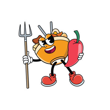 Cute Korean Food Kimchi Bowl Holding Pitchfork and Red Chili Cartoon Character Illustration