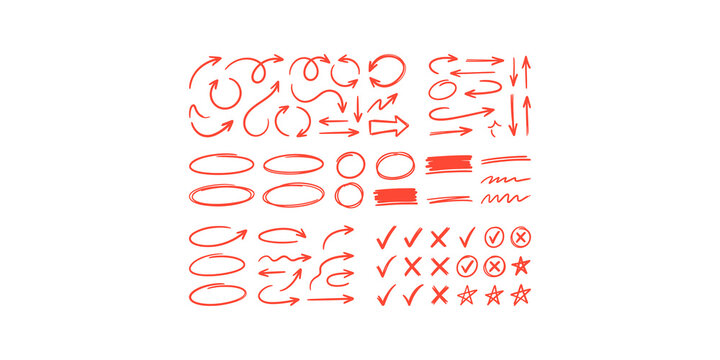 Comprehensive collection of red handwritten arrows circles checkmarks and underlines for editing and emphasizing.