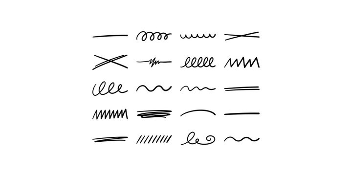 Black hand drawn underline strokes and scribble line flourishes for text highlighting and editorial document design.