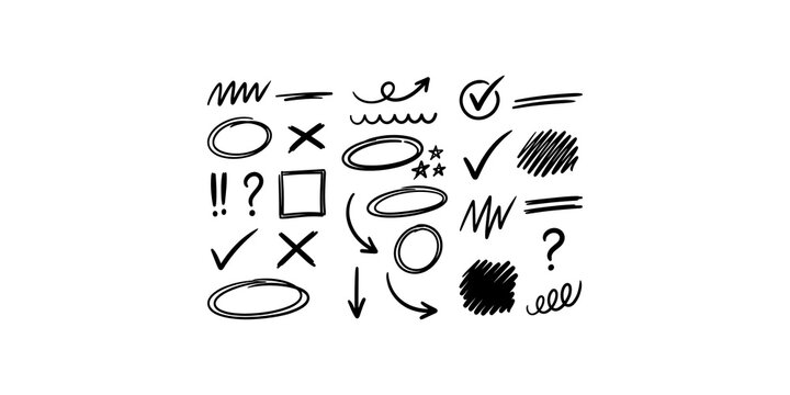 Black ink hand drawn collection of markers arrows question marks exclamation points checkboxes and scribble shapes.