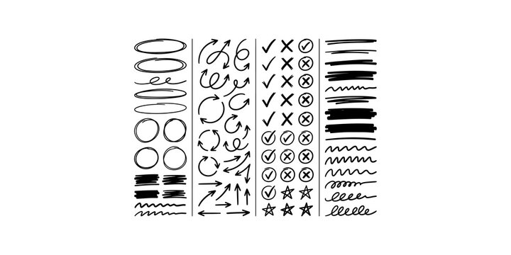 Hand drawn circle frames arrow icons and checkmark signs for list bulleting editorial layout and project management.