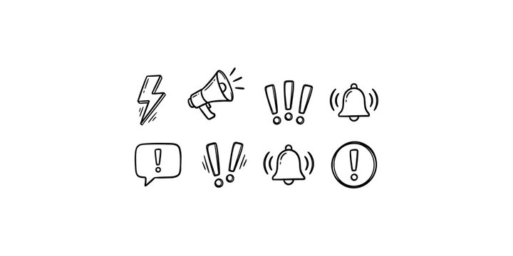 Hand drawn alarm and attention icons including megaphones exclamation marks bells and warning signs for notifications.