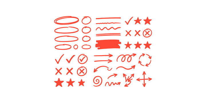 Hand drawn red marker doodle elements collection featuring arrows shapes and stars for marking project feedback.