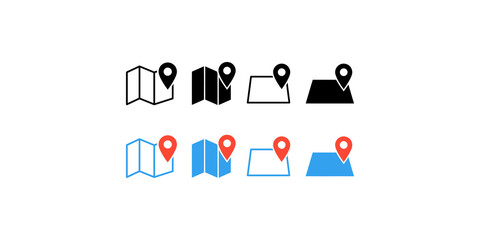 Collection of map location pin icons in outline and solid styles with black and blue color themes for navigation. © Jpeg shop opened