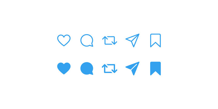 Social media navigation icons featuring line and solid blue style elements for twitter related post interactions.
