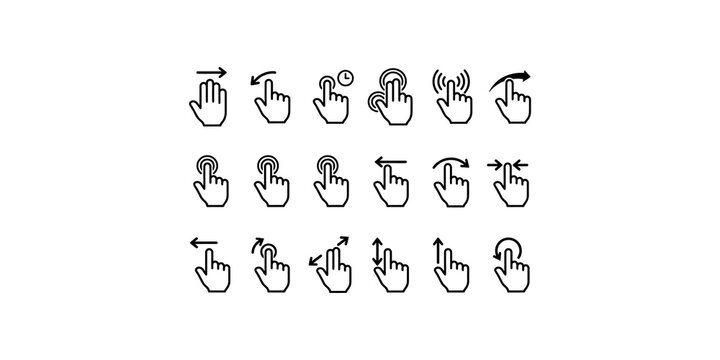 Hand gesture icons set showing touch screen interactions with swiping dragging pinching and tapping actions.