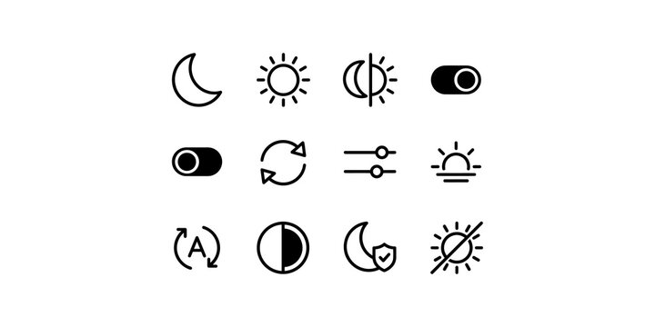 Brightness display and light mode settings icons set featuring sun moon and toggle switches for interface adjustment.
