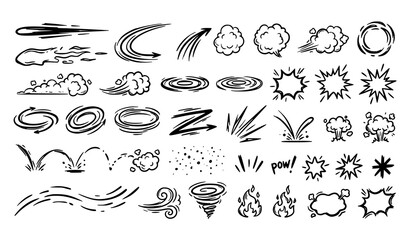 Cartoon speed smoke boom and explosive motion hand drawn vector effect collection © MdRoton