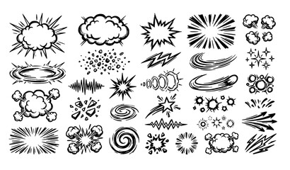 Comic boom explosion speed line and action effect hand drawn doodle vector set © MdRoton