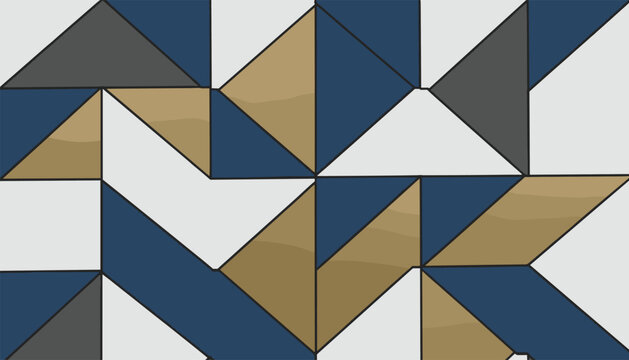 Complex geometric mosaic pattern with triangles and trapezoids in navy blue, ochre yellow, grey, and white tones.