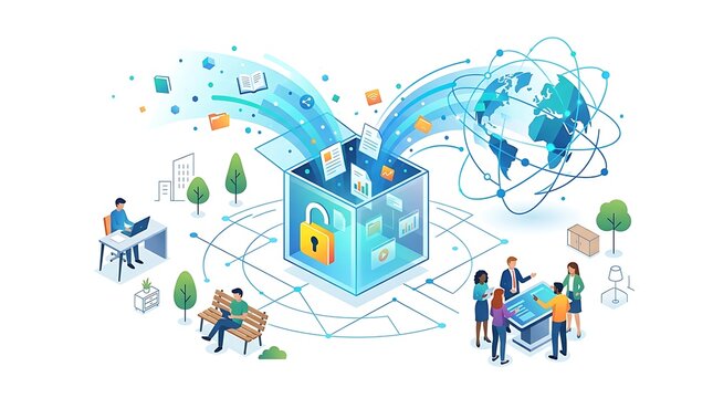 Isometric illustration of data security and global information network protection with people working.
