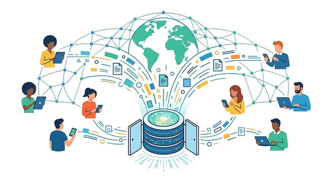 Diverse people connecting to a global cloud server network for data exchange.