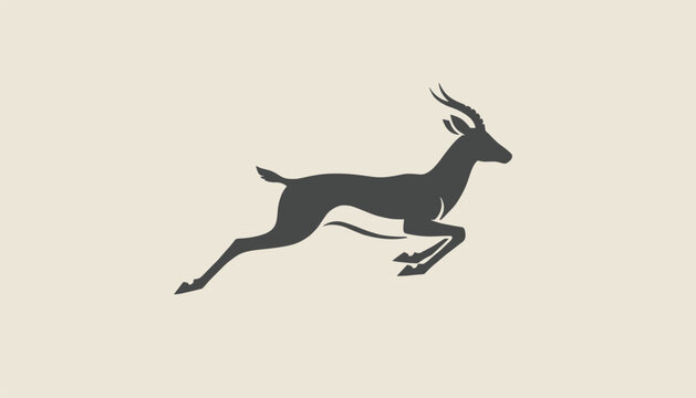 Graceful antelope or gazelle jumping high in a solid dark grey profile silhouette over a cream background.