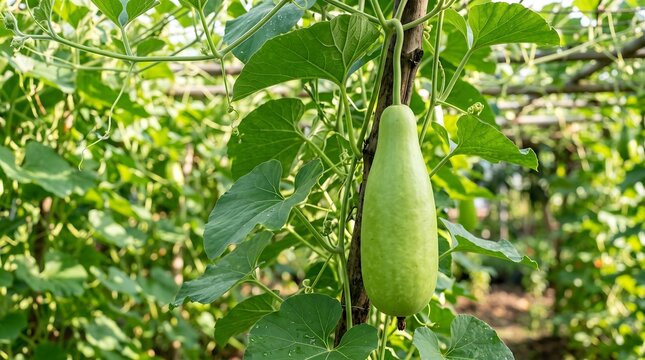 Fresh green calabash gourd hanging on a vine in a vegetable garden farm