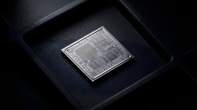 A solitary silicon processor resting in dark geometric depths, symbolizing the silent architecture of modern thought and digital intellect forged from bare elements.