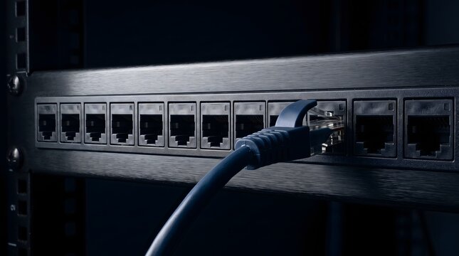 A single network cable bridging an empty patch panel, symbolizing a solitary lifeline of communication, data flow, and digital interconnection in a silent server rack.