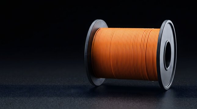 A tightly wound spool of orange filament rests in darkness, serving as a powerful metaphor for unmanifested potential, digital craftsmanship, and endless creative energy.