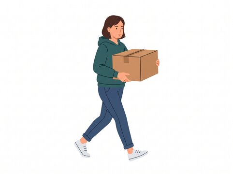 Young woman walking and carrying a cardboard box, delivery or moving concept, isolated on white background