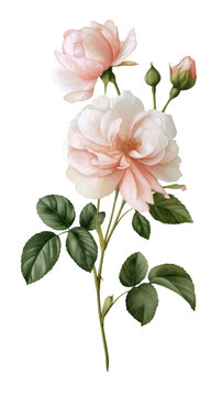 Pastel peony flower stem with blooming blossom, leaves, and buds