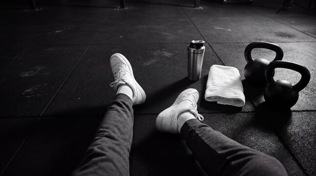 A pair of athletic legs in sneakers and sweatpants rests on a dark gym floor, next to a water bottle, towel, and kettlebells, signifying a moment of recovery after a strenuous workout.