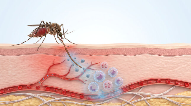 Mosquito Feeding on Human Skin with Cellular Immune Response Illustration