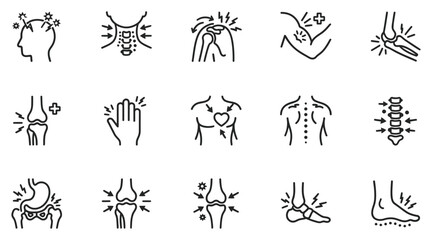 Fototapeta premium Set of fifteen medical line icons representing body aches joint pain and physical discomfort with body ache medical symptoms healthcare