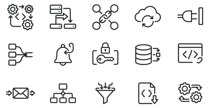 Set of software development and network infrastructure line icons with data management web development cloud computing database system