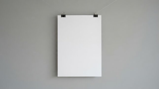 Empty white poster hanging suspended on wall with clips with Blank poster secured two clips plain wall wall attachment wall mounted empty space