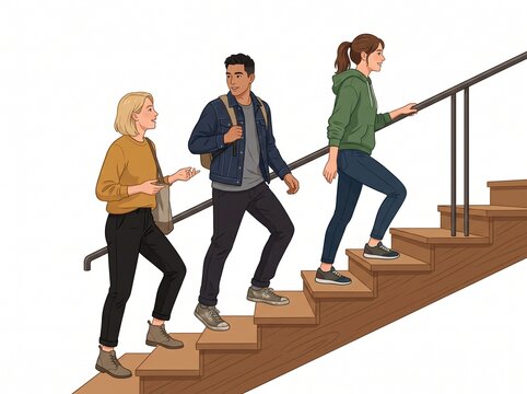 Three diverse students walking up a wooden staircase together, chatting and smiling, isolated on white background