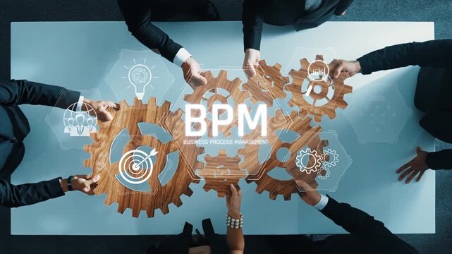 A dynamic scene showcasing professionals collaborating on business process management concepts with gears and digital icons on a modern conference table. Raster
