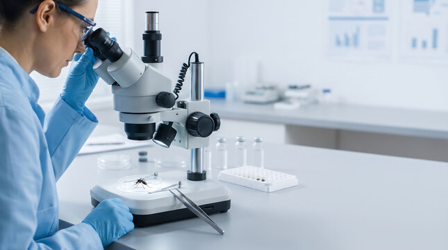 Scientist Examining Mosquito Under Microscope in Medical Entomology Laboratory