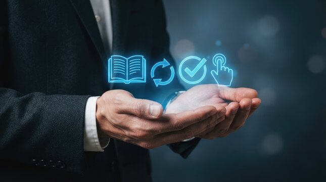 Professional hands offering digital knowledge and approval symbols above a transparent globe with updates confirmation interaction representing learning updates