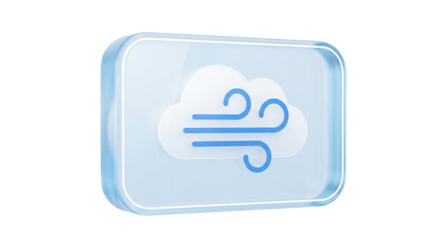 Crystalline Glass Weather Forecast Icon Featuring a Blue Windy Cloud Symbol for Modern Digital Interface and Minimalist UI Design