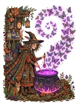 Whimsical witch brewing glowing purple magic butterflies in a cauldron vector illustration.