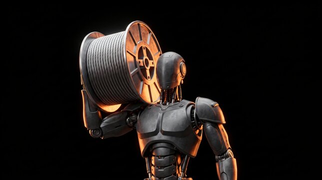 Low angle view of dark humanoid robot carrying heavy industrial metallic cable drum spool on black background with rim lighting for telecommunication infrastructure and grid deployment concept