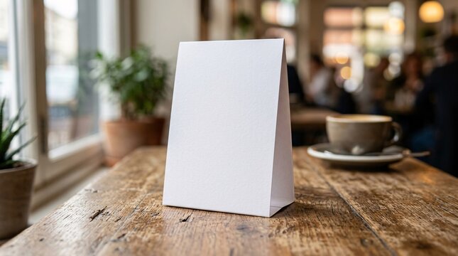 Blank white vertical paper table tent card mockup standing on wooden table in cafe setting