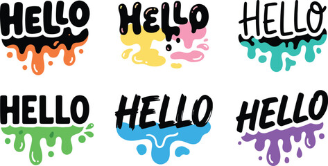 Hello Word Lettering Set with Black Bold Text and Colorful Paint Drip Splash Effect © Kanon