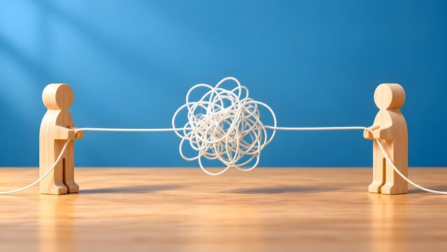Wooden figures pulling highly tangled rope knot conceptualizing business conflict and difficult challenges
