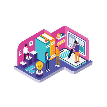 Isometric Creative Workspace for Web Design and Content Strategy