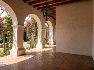 Fototapeta premium Terracotta arched corridor walkway of Spanish colonial hacienda with blooming bougainvillea